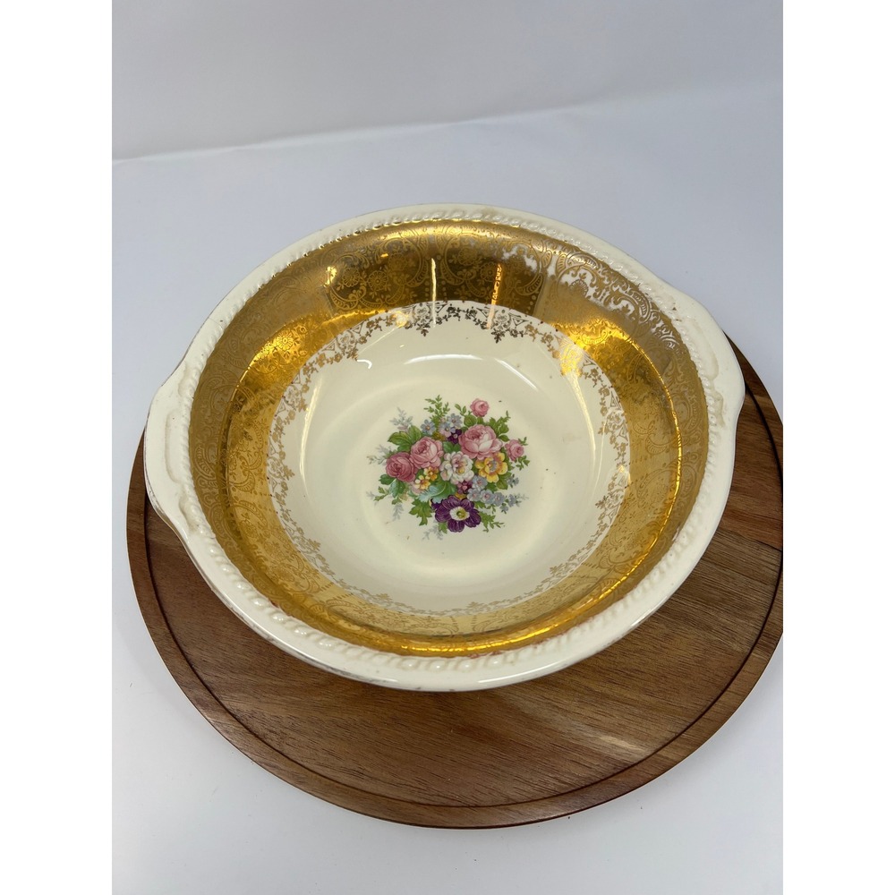 Vintage 22K Gold Encrusted Floral Serving Bowl Ivory Filigree Tab Handles‎
